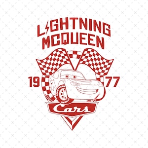 May include: Red and white logo with the text "Lightning McQueen" and "Cars" in a red diamond shape. The logo also features a red race car with a checkered flag background. The numbers "19" and "77" are on either side of the car.