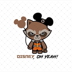 Puede incluir: Una ilustración de dibujos animados de Rocket Raccoon de Guardianes de la Galaxia con un sombrero de Mickey Mouse y sosteniendo un globo de Mickey Mouse. El texto "DISNEY, OH YEAH!" está debajo de la imagen.