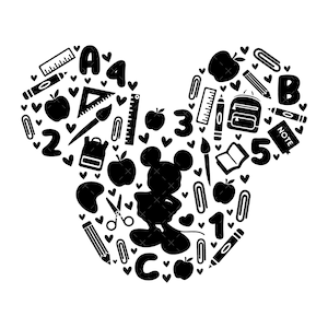 May include: Black and white illustration of Mickey Mouse's head with school supplies and numbers 1-5 arranged around the outline of his head. The supplies include apples, pencils, scissors, a ruler, a backpack, a paintbrush, and a notebook.
