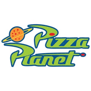 May include: A green and blue logo with the text "Pizza Planet" in a stylized font. A cartoon pizza planet with a ring around it is in the upper left corner.