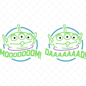 K&ouml;nnte beinhalten: Ein gr&uuml;ner Alien-Charakter mit drei Augen und einem breiten L&auml;cheln, in einem blauen Kreis mit einem lila Ring um den Hals. Der Au&szlig;erirdische sagt "MOOOOOM!" in gr&uuml;nen Buchstaben.
