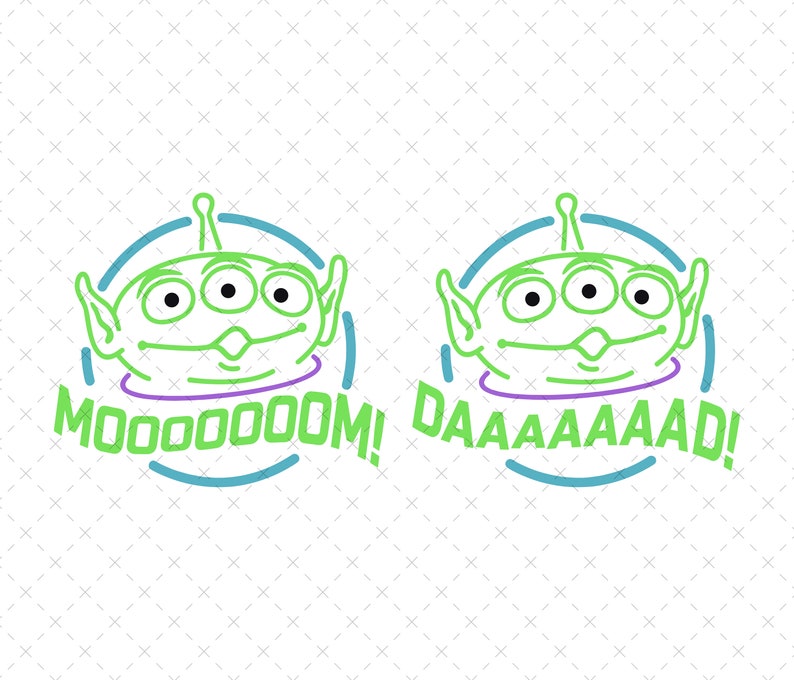 K&ouml;nnte beinhalten: Ein gr&uuml;ner Alien-Charakter mit drei Augen und einem breiten L&auml;cheln, in einem blauen Kreis mit einem lila Ring um den Hals. Der Au&szlig;erirdische sagt "MOOOOOM!" in gr&uuml;nen Buchstaben.