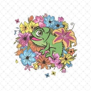 May include: A green cartoon chameleon with a pink tongue and large eyes is surrounded by colorful flowers, including a purple and pink flower with six petals.