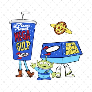 May include: A blue and white cartoon cup with the text "Pizza Planet Mega Gulp 128-" and a blue and white cartoon box with the text "Super Nova Burger". A green three-eyed alien character is standing in front of the cup and box.
