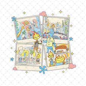 May include: Four Polaroid-style photos with colorful cartoon characters. The photos show a group of fire characters, a blue character with a tie, a group of fire characters in a car, and a group of fire characters in a city.