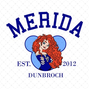 May include: A blue and white logo with the text "MERIDA EST. 2012 DUNBROCH" and a cartoon image of a red-haired woman with a blue dress.