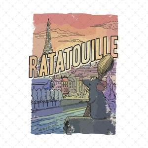 May include: A cartoon illustration of a rat holding a wooden spoon in front of a cityscape with the Eiffel Tower and the word "Ratatouille" in yellow letters.