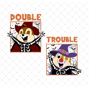 以下が含まれることがあります： ハロウィンのためにスケルトンに扮した、漫画のシマリス2匹。左側のシマリスは赤いマントと魔女の帽子をかぶっている。右側のシマリスは紫色のマントと魔女の帽子をかぶっている。シマリスの上に「DOUBLE TROUBLE」という文字が書かれている。