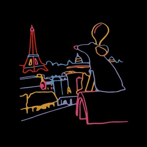 May include: A colorful illustration of a mouse riding a train in front of the Eiffel Tower. The mouse is wearing a yellow hat and is looking to the right. The train is yellow and blue and has a red chimney. The Eiffel Tower is red and pink.
