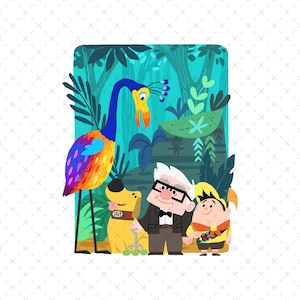 May include: A colorful cartoon bird, a dog, and two characters from the movie Up stand in a jungle setting. The bird is blue, yellow, orange, and purple. The dog is yellow. The characters are a man with white hair and a boy with brown hair.