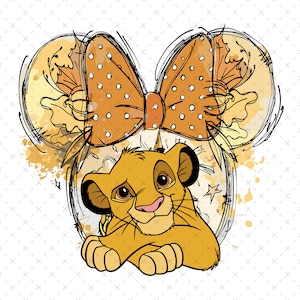 May include: A cartoon illustration of Simba from The Lion King wearing a pair of orange and white polka dot Minnie Mouse ears. The ears are surrounded by a watercolour-style background with splashes of orange and yellow.