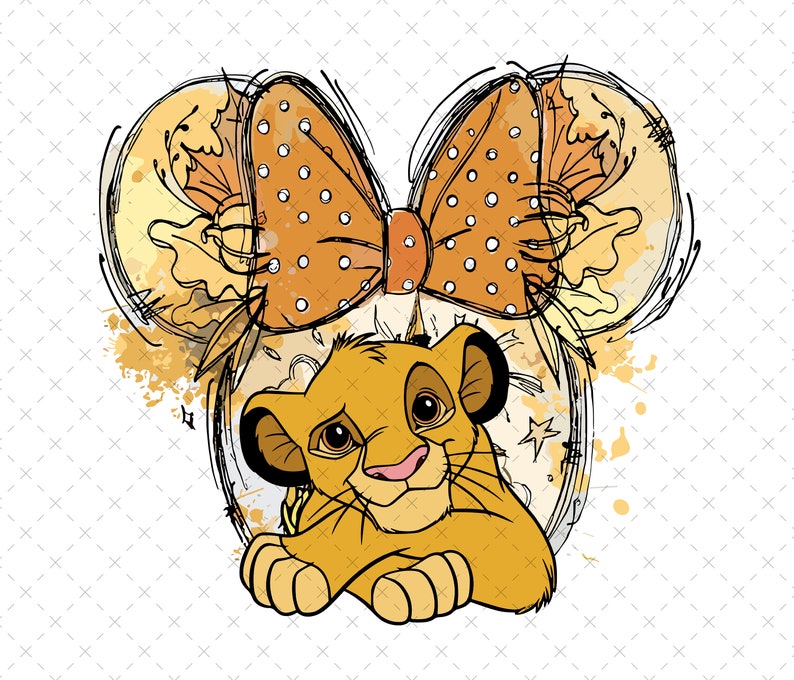 May include: A cartoon illustration of Simba from The Lion King wearing a pair of orange and white polka dot Minnie Mouse ears. The ears are surrounded by a watercolour-style background with splashes of orange and yellow.