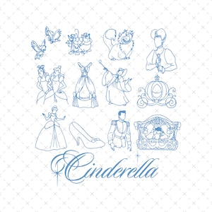 May include: A set of blue line drawings of Cinderella characters and objects. The characters include Cinderella, Prince Charming, the Fairy Godmother, and the Stepsisters. The objects include a glass slipper, a pumpkin carriage, and a mouse.