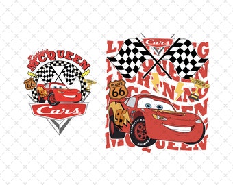 Puede incluir: Coche de carreras rojo con las palabras "Lightning McQueen" y "Cars" en él. El coche está rodeado de banderas a cuadros y un cartel de la Ruta 66.