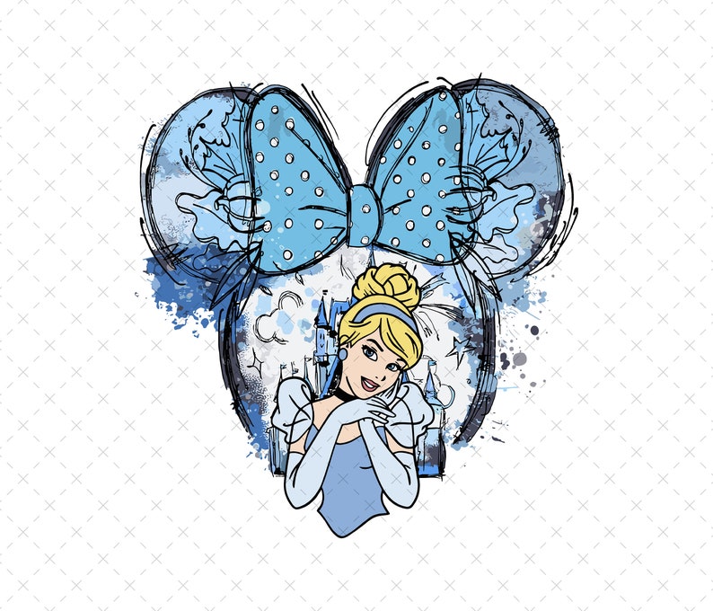 May include: A watercolor illustration of Cinderella with a blue bow in the shape of Mickey Mouse ears. The background is a light blue watercolor wash with white polka dots.
