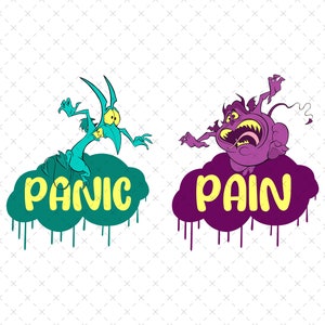 Könnte beinhalten: Eine Cartoon-Illustration von zwei Monstern, eines grün und eines lila, mit den Worten "PANIC" und "PAIN" in Gelb auf Wolken hinter ihnen.