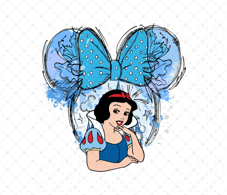 May include: A digital illustration of Snow White with a blue bow and a watercolor background. The bow is in the shape of Mickey Mouse ears.