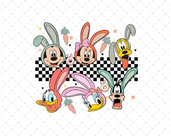 May include: A checkered background with five cartoon characters with bunny ears. The characters are Mickey Mouse, Minnie Mouse, Donald Duck, Goofy, and Pluto. Each character has a different colored ear and a different expression.