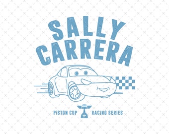 May include: A blue cartoon car with a smiling face, labeled "Sally Carrera", is speeding towards a checkered flag. The text "Piston Cup Racing Series" is below the car.