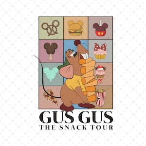 Puede incluir: Un ratón de dibujos animados llamado Gus Gus sostiene una pila de perros de maíz y un cubo de palomitas de maíz rojo y blanco. Está rodeado de imágenes de varios bocadillos de Disney, incluyendo un pretzel de Mickey Mouse, una hamburguesa, una barra de helado de Mickey Mouse, un cupcake, algodón de azúcar, una rebanada de pizza y un cono de helado de Mickey Mouse. El texto "Gus Gus The Snack Tour" está debajo de la imagen.