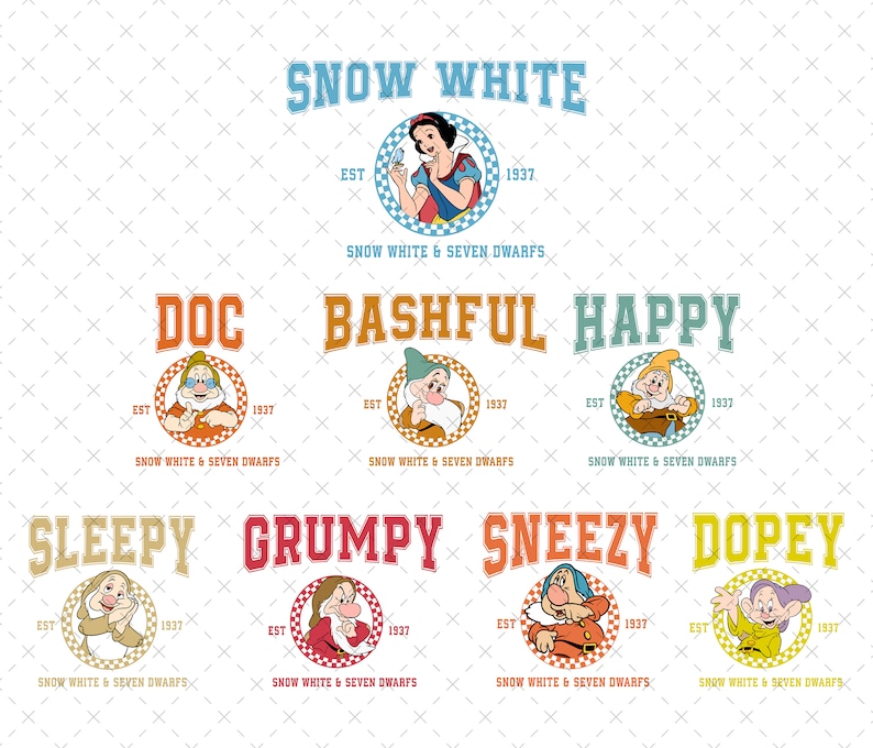 バンドル 7 人の小人 SVG、家族休暇 SVG、家族旅行 SVG、バケーション モード SVG、魔法の王国 SVG、家族お揃いシャツ SVG、プリンセス SVG 画像 1