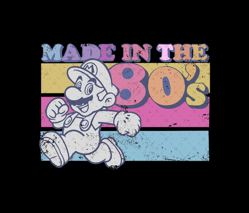 May include: A retro-style graphic featuring a cartoon character running with the text "Made in the 80's" in a rainbow color scheme.