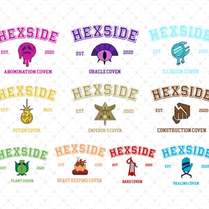 May include: Nine colourful logos for Hexside, a school with different covens. Each logo features a different colour scheme and a symbol representing the coven. The covens are: Abomination, Oracle, Illusion, Potion, Emperor's, Construction, Plant, Beast Keeping, Bard, and Healing.