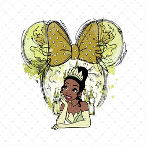 May include: A digital illustration of a cartoon princess with brown skin, wearing a green dress and a gold crown. She is wearing a large gold bow with white polka dots on her head. The background is a watercolor wash of green and yellow.