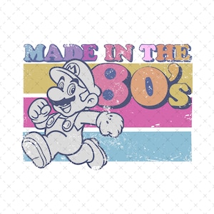 May include: A retro-style graphic featuring a cartoon character running with the text "Made in the 80's" in colorful, distressed lettering.