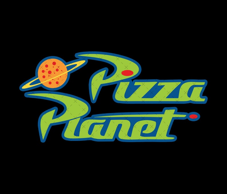 Puede incluir: Un logotipo verde y azul con el texto "Pizza Planet" y un planeta de dibujos animados con una pizza encima.