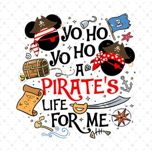 Puede incluir: Un diseño pirata rojo y blanco con dos cabezas de Mickey Mouse que llevan sombreros y pañuelos de pirata. El texto dice "Yo ho yo ho a pirate's life for me".