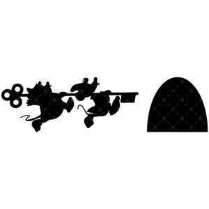 May include: Two cartoon mice holding onto a large key, running towards a black mouse hole.