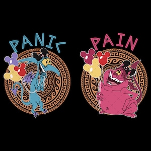 Könnte beinhalten: Zwei Comicfiguren, eine blaue und eine rosa, mit Teufelshörnern und Mickey-Maus-Ohren, die Ballons halten. Die blaue Figur ist mit "PANIC" und die rosa Figur mit "PAIN" beschriftet.