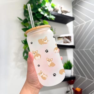 Red Corgi Dog Glass Cup Full Wrap Corgi Pet Frosted Beer Can Gift for Corgi lovers Latte Coffee Cup with Orange Corgi Cartoon and Paw Print