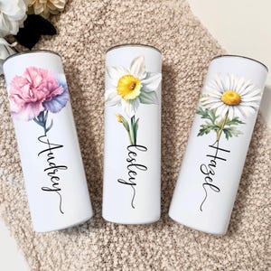Birth Flower Tumbler Personalized Name Cup, Bridesmaid Wedding Floral Birth Month Gift Custom Text Skinny Stainless Steel Tumbler Travel Cup