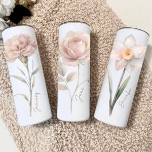 Birth Flower Tumbler Name Cup, Personalized Custom Birth Month Light Beige Rose Floral Bridesmaid Proposal Gift Tumbler Coffee Travel Cup