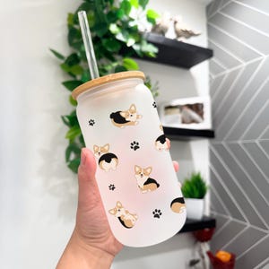 Tri Corgi Dog Glass Cup Full Wrap Corgi Pet Frosted Beer Can Gift for Corgi lovers Latte Coffee Cup with Orange Corgi Cartoon and Paw Print