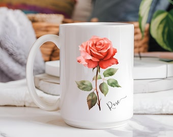 Taza con flores de nacimiento personalizada, regalo floral con nombre personalizado, taza con flores con texto del mes de nacimiento, taza de café para fiesta nupcial de boda, taza con nombre minimalista