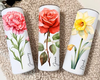 Personalized Birth Flower Name Tumbler Cup for Bridesmaid Proposal Wedding Gift, Custom Personalize Floral Month Tumbler Coffee Travel Cup