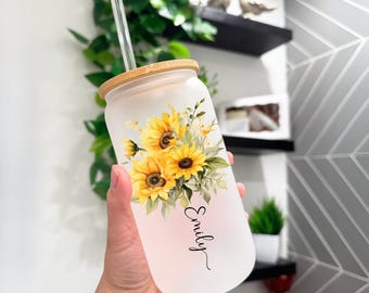 Personalized Frosted Glass Tumbler, Sunflower Butterfly Design, Custom Name Gift