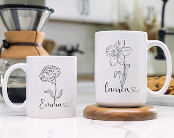 Birth Flower Personalized Name Mug Floral Custom Birthday, Valentines Day, Mothers Day, Bridesmaid Gift for Wedding, Minimalist Floral Heart