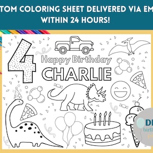 May include: A black and white printable colouring page featuring a dinosaur, a truck, a birthday cake, and the text "Happy Birthday Charlie".