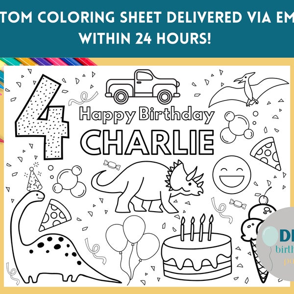 Customizable Dinosaur Birthday Coloring Sheet, Printable, Gift, Child's Birthday, Trucks, Three, Four, Five, Six, Bubbles, Boy Birthday, Son