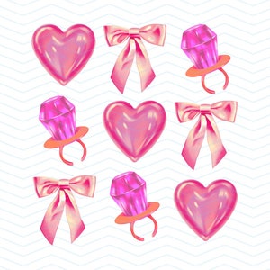 May include: Nine pink and white candy-themed illustrations on a white background with a chevron pattern. The illustrations include hearts, bows, and rings with a jewel on top.