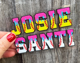 Set di 2 - Adesivo per casco da baseball DRIP - Nome della Little League Tball UVDTF Decalcomania Ice Cream Drip Softball / baseball Drip