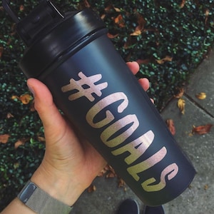 Black BlenderBottle with Rose Gold #GOALS decal applied