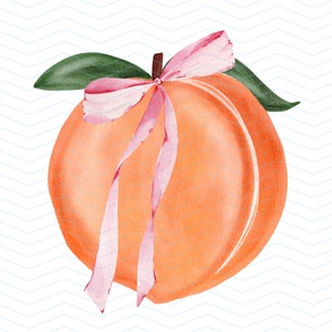 May include: A peach with a pink ribbon tied around it. The peach is a light orange color and has a smooth texture. The ribbon is tied in a bow and has a light pink color.