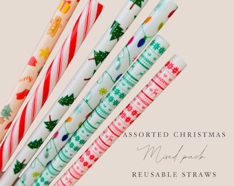 Mixed Set Christmas Reusable Straws - 9 + 9.5 inches long - Cold Cup Straw- Christmas Straw Holidays Red White Candy Cane Stripe