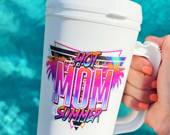 Taza retro de verano para mamás calientes, taza térmica retro de 22 oz, rosa, para vacaciones de primavera, de hermandad, mamá, perro y mamá