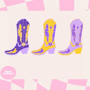 Coquette Cowboy Cowgirl Boots Purple Gold Football Season Preppy SVG PNG File, Cute Girl Era, Grand Millennial Soft Girl Aesthetic